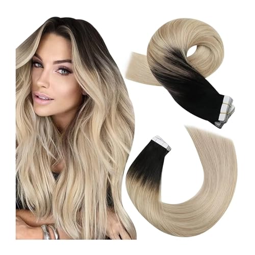 Haar-Tape-Extensions Blonde Haarverlängerungen, Echthaar, Schwarz Ombre bis Aschblond, Mischung mit Platinblond, Tape-In-Extensions, Echthaar, Remy, gerades Tape-In, 12–24 Zoll Unsichtbares Tape im Ha