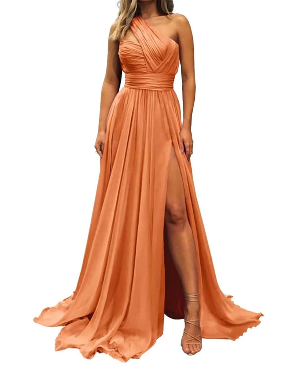 SAMHO Einschultriges Brautjungfernkleid, A-Linie, lang, Abschlussball, Abendkleid, formelle Kleider mit Schlitz für Hochzeit, Orange, 38