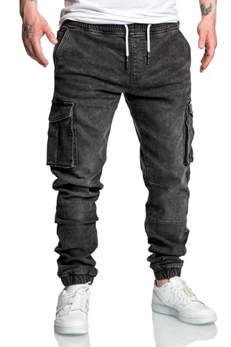 Amaci&Sons Herren Sweathose in Stretch Denim Männer Cargo Jogging Jeans 7024 Schwarz W36