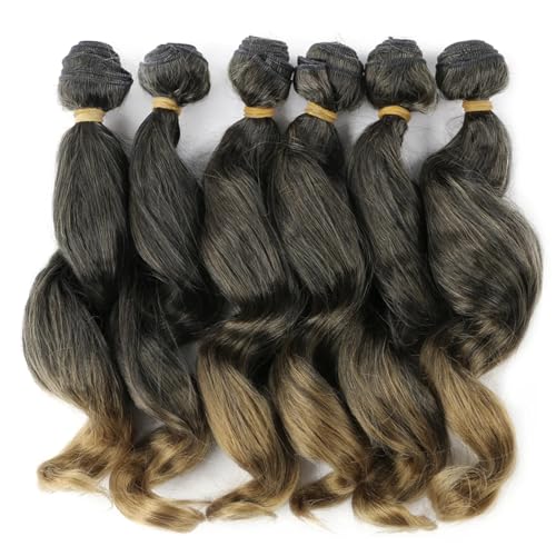 Human Hair Bundles 14/18 Zoll Synthetische Ombre Lockige Webart Bundles Haar 6 Teile/los Natur Braun Farbe Wellenförmige Bundles Haarverlängerungen human hair weave (Size : 6 pcs, Color : T1B/27_18I