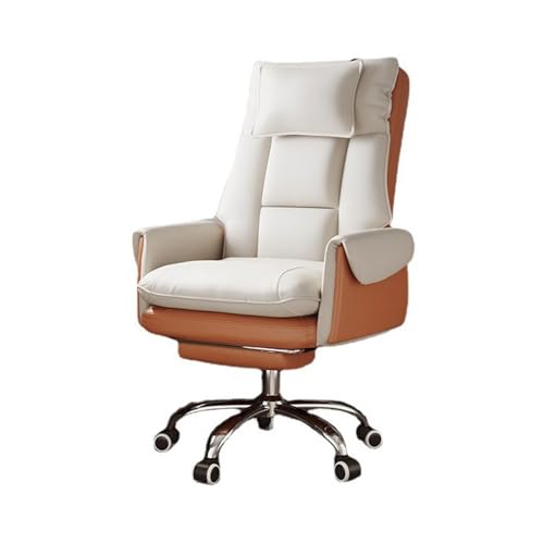 Zhaoj24-05 Bürostuhl Ergonomischer Freizeit Sofa Stuhl Bequem Sitzende Büro Stuhl PU Leder Drehstuhl Haushalt Liege Computer Stuhl Schreibtischstuhl(White+Orange)