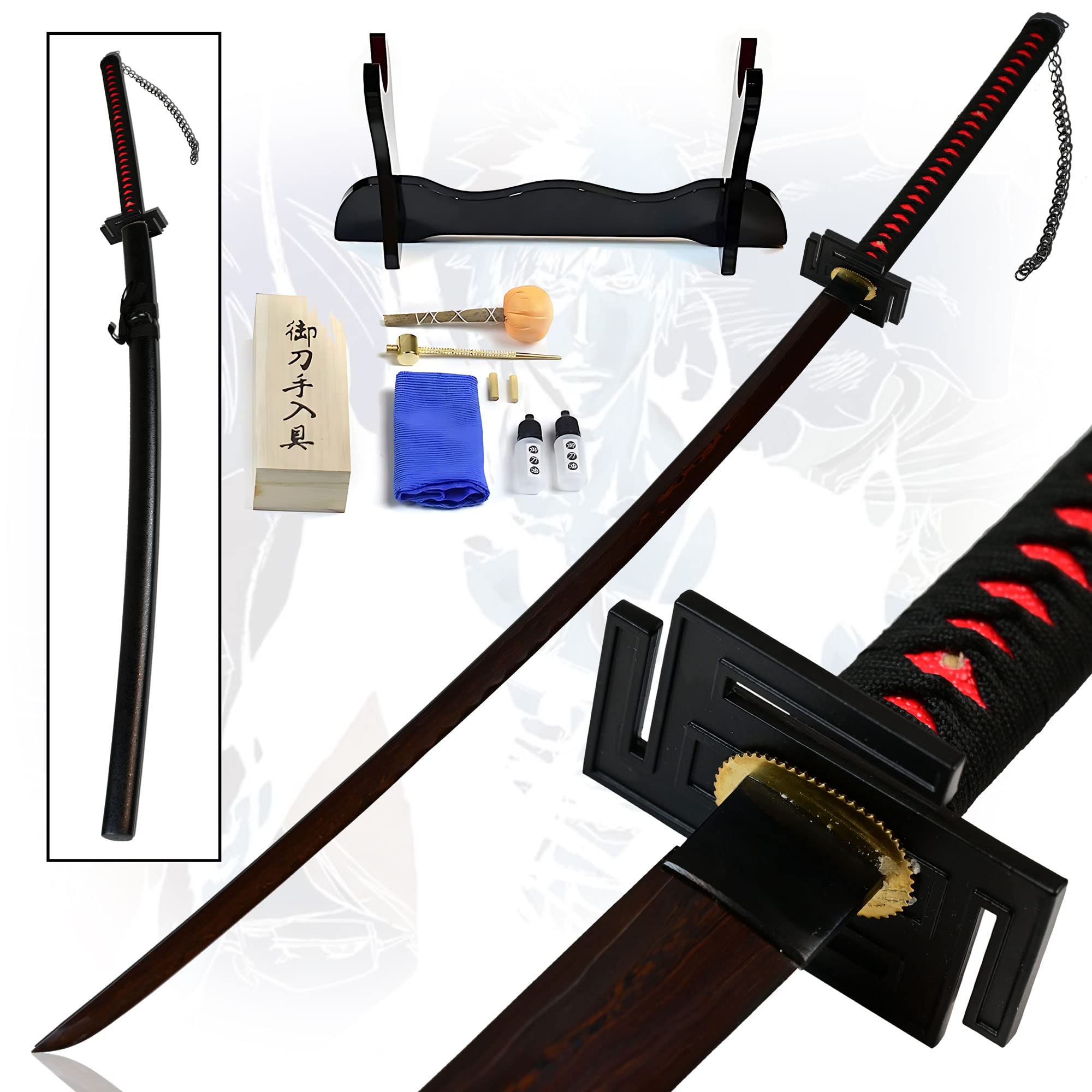 Swords and more Bleach - Ichigo Kurosaki Schwert - handgeschmiedet&gefaltet, Set, Bankai Cutting Moon Kurosaki Ichigo, roter Damaszenerstahl mit Scheide, Samurai Schwerter echt mit Schwertpflegeset