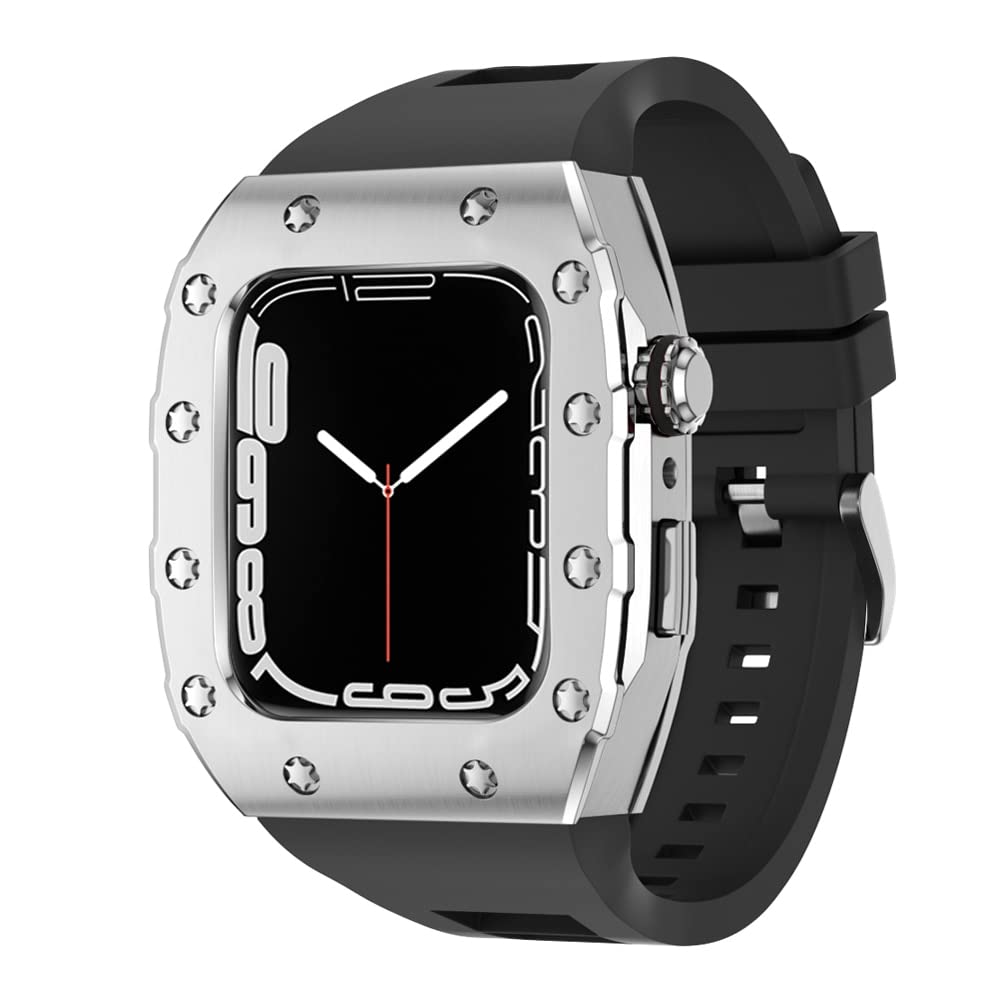 KANUZ 45 mm luxuriöses Metallgehäuse Silikonarmband für Apple Watch, Mod Kit, 44 mm Modifikationsset für iWatch Serie 8, 7, SE, 6, 5, 4, Band (Farbe: SB, Größe: 45 mm für 8/7)