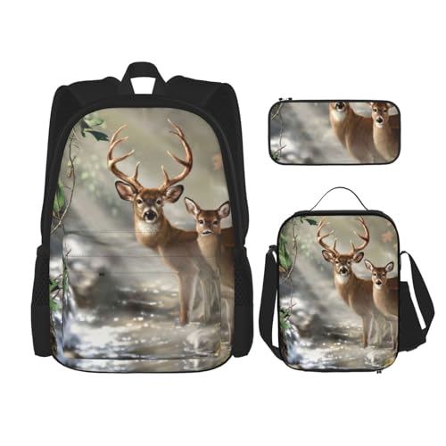 Mehrzweck-Schultasche mit niedlichem buntem Hundepfoten-Design, mit passendem Federmäppchen und Lunch-Tasche, stilvolle All-in-One-Lösung, Camouflage Hirsch, Einheitsgröße