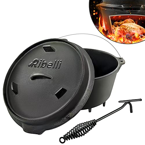 Ribelli BBQ Dutch Oven Füße ca. 9,5 Liter schwarzes Gusseisen - Deckel - Henkel - Topf