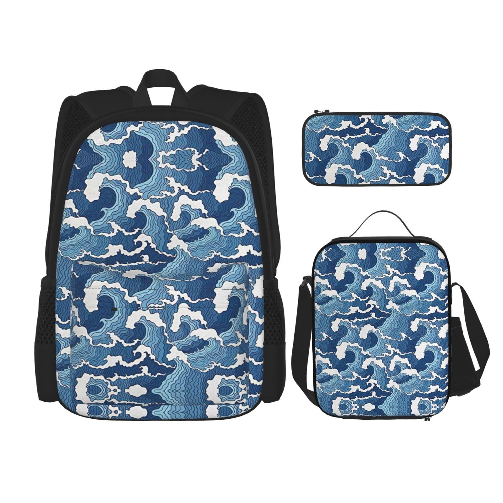 WURTON Rucksack-Set, Motiv: Stormy Sea Print, verstellbare Schultergurte, Lunch-Tasche, Federmäppchen, Kombinationstaschen-Set