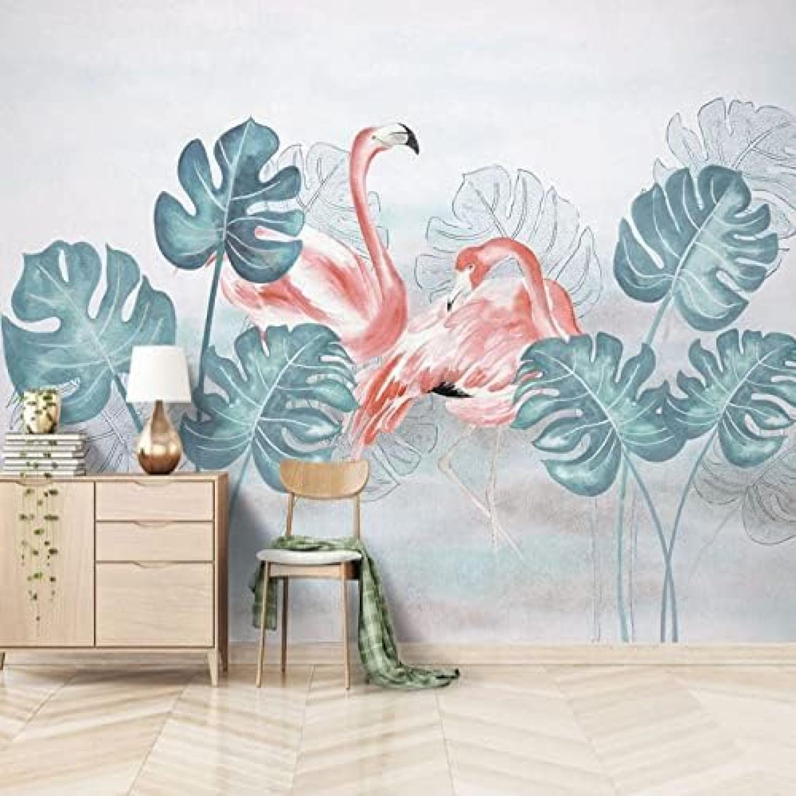 XLMING Handgemalter Aquarell-Blatt-Flamingo 3D Tapete Wohnzimmer Sofa Schlafzimmer Esszimmer Home Dekoration Wand-150cm×105cm