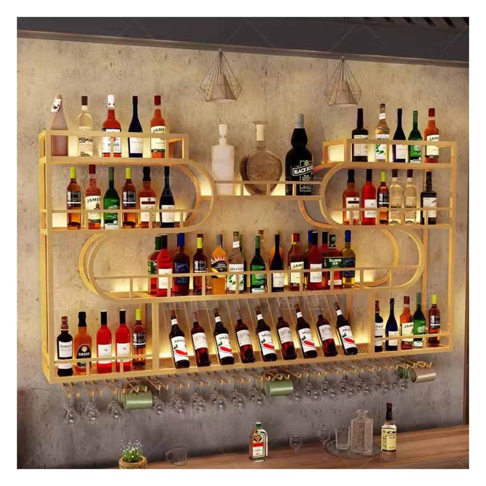 BFVAKBKYT Hängende industrielle runde Weinregale, ModernWith LED Light Weinflaschen-Präsentationsregal aus Eisen, Umgedrehtes Weinglasregal for Zuhause, Restaurants, Bars(Gold,150x20x123cm)