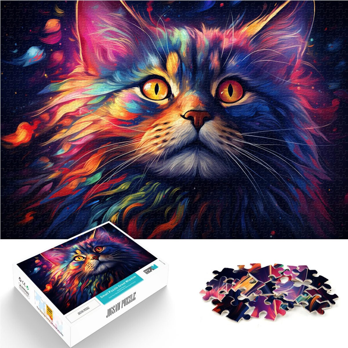 Puzzle Psychedelische Bunte süße Katze, 1000-teiliges Holzpuzzle, jedes Teil ist einzigartig – anspruchsvolles, unterhaltsames Familienspiel, 1000 Teile (50 x 75 cm)