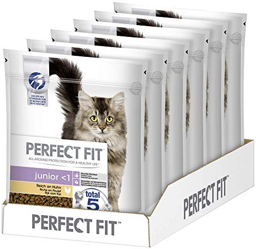 PERFECT FIT Katzenfutter Trockenfutter Junior <1 Kitten/Kätzchen Reich an Huhn, 6 Beutel x 750g