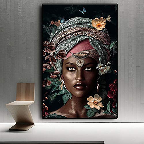 Wandkunst Bilder Afrikanische Frauen Blumen Leinwand Poster Abstrakte Gemälde Mädchen Kunstdrucke für Wohnkultur, Fertig zum Aufhängen 30x40cm Innenrahmen