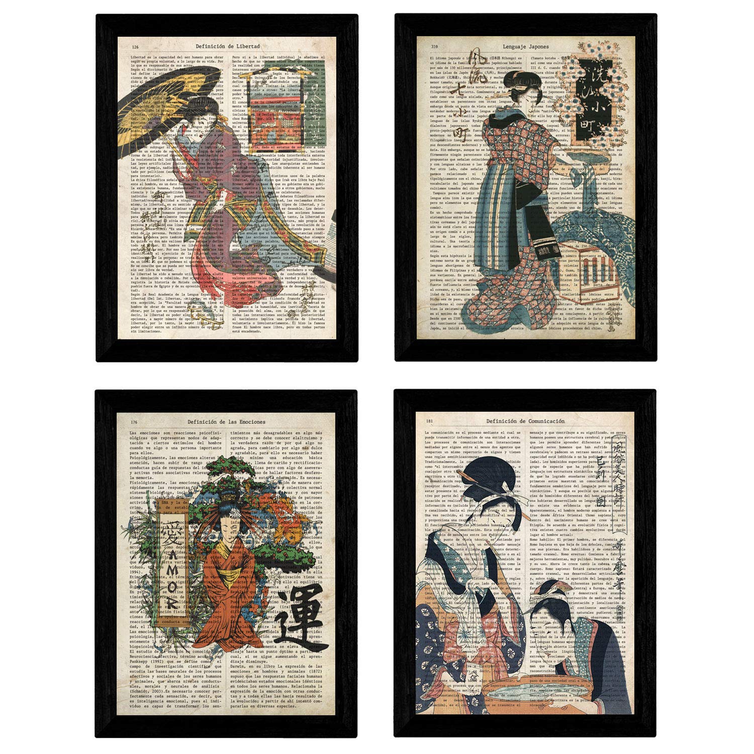 Nacnic Set aus 4 japanischen Vintage Poster. Japanische Illustration im A4-Format mit Rahmen.