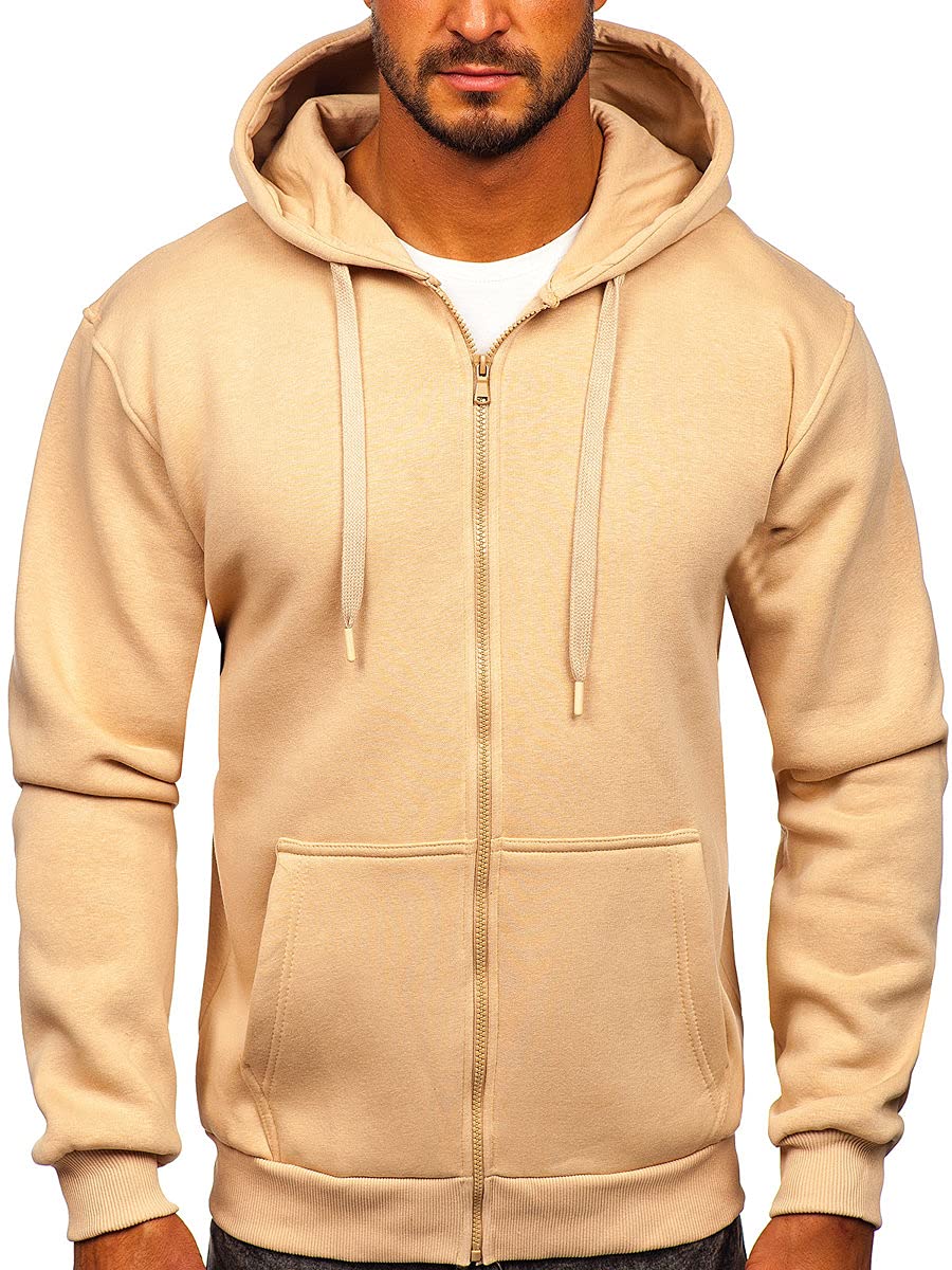 BOLF Herren Kapuzenpullover Reißverschluss Hoodie Sweatshirt mit Kapuze Pullover Pulli Langarmshirt Freizeit Sport Fitness Outdoor Casual Style 2008 Beige L [1A1]