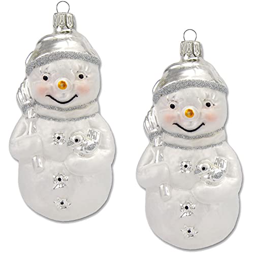 Thüringer Glasdesign Christbaumschmuck Schneemann Set (2 Stück) 11 cm aus Glas - Weiß/Silber