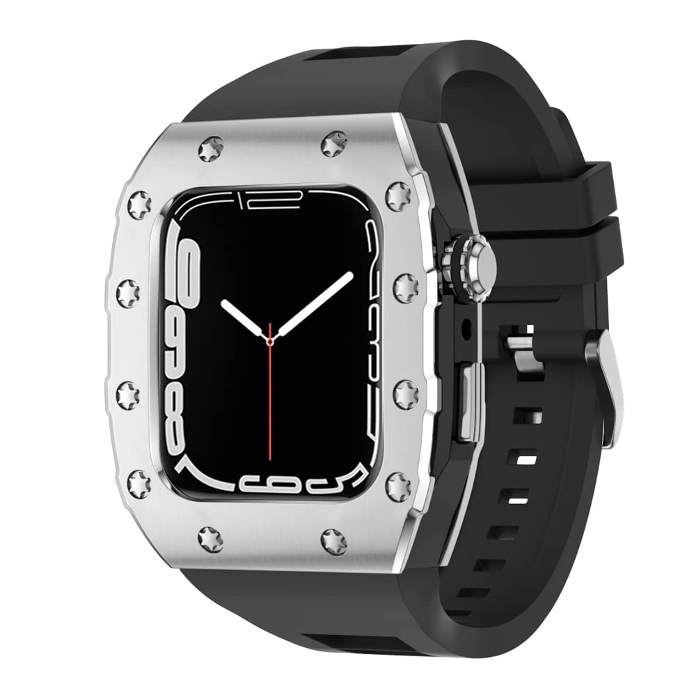 KANUZ 45 mm luxuriöses Metallgehäuse-Silikonarmband für Apple Watch, Mod Kit, 44 mm Modifikationsset für iWatch Serie 8, 7, SE, 6, 5, 4, Band (Farbe: SBB, Größe: 45 mm für 8/7)