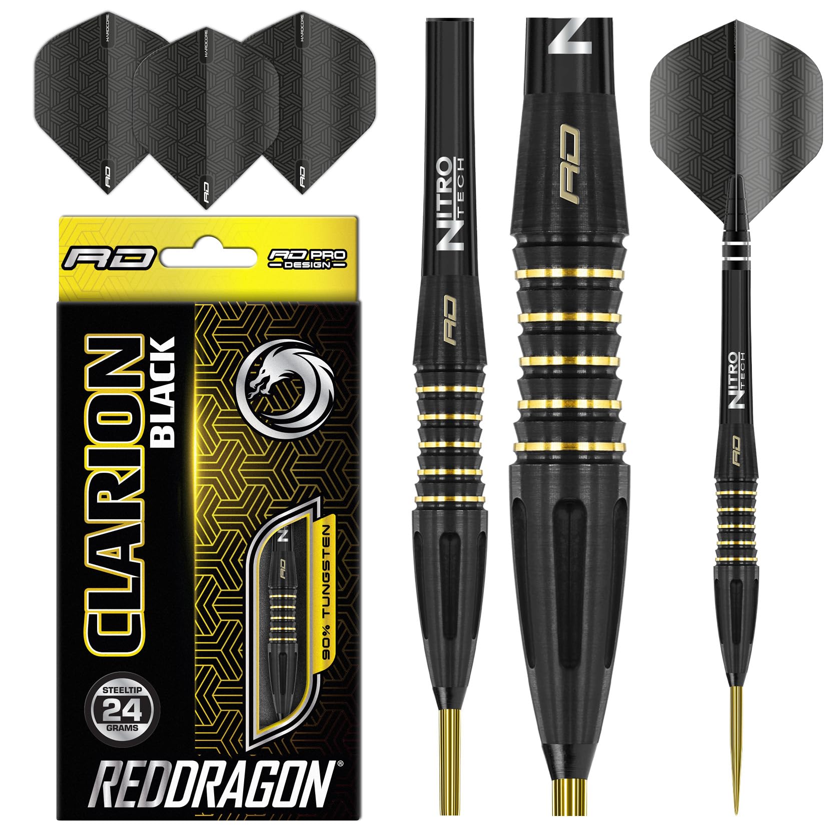 RED DRAGON Clarion Black 24g Tungsten Darts Set with Flights and Stems