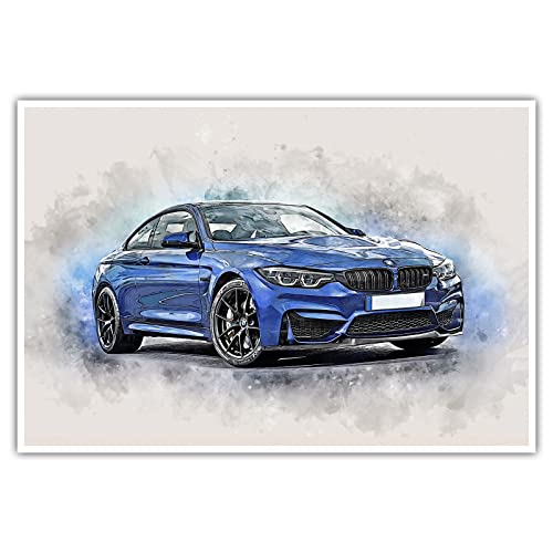 CanvasArts M4 Watercolor Sketch Aquarell - Poster - Auto Artwork Modern Art Wandbild Sportwagen kompatibel zu BMW M4 (100 x 70 cm, Poster, BMW M4)