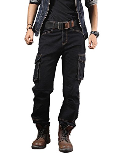 Idopy Casual Motorrad Workwear Multi Pockets Denim Biker Cargo Jeans Hosen Schwarz 38