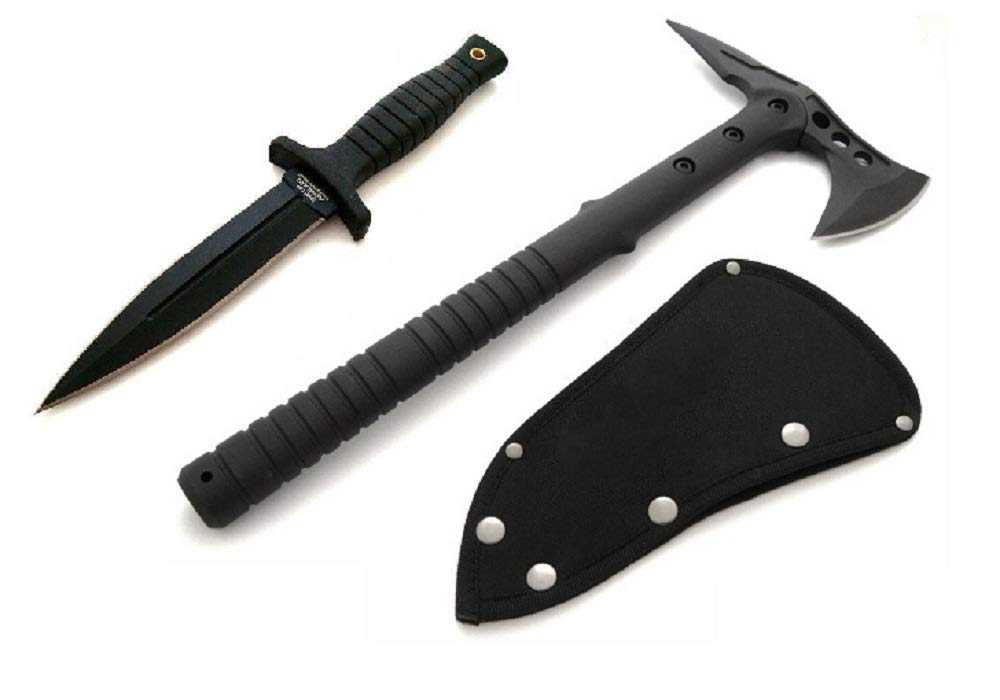 M48 Tomahawks, Messer mit Etui Schwarze Edition - Profi Survival Kit - Notfallausrüstng - Outdoor Kit - Axt - Beil - Tactical Knifes - Tomahawk Messer-Set - festehende Klinge, schwarz