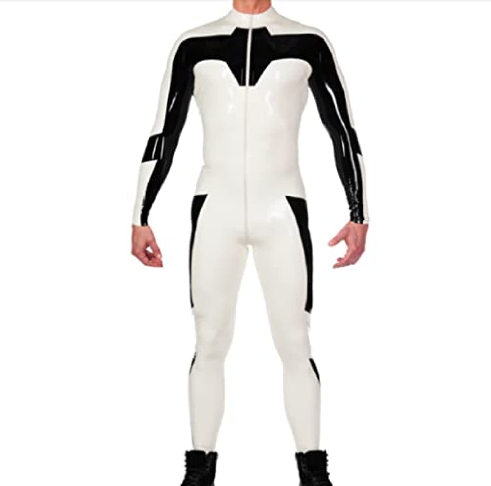 Latex Catsuit Sexy Rubber Bodysuit Costume,weiß mit schwarz,S