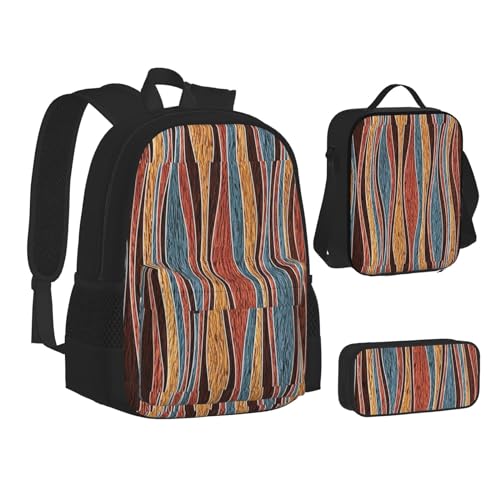 WURTON Rucksack für Teenager, buntes Streifenmuster, 3-in-1 (Federmäppchen + Schultasche + Lunchtasche)