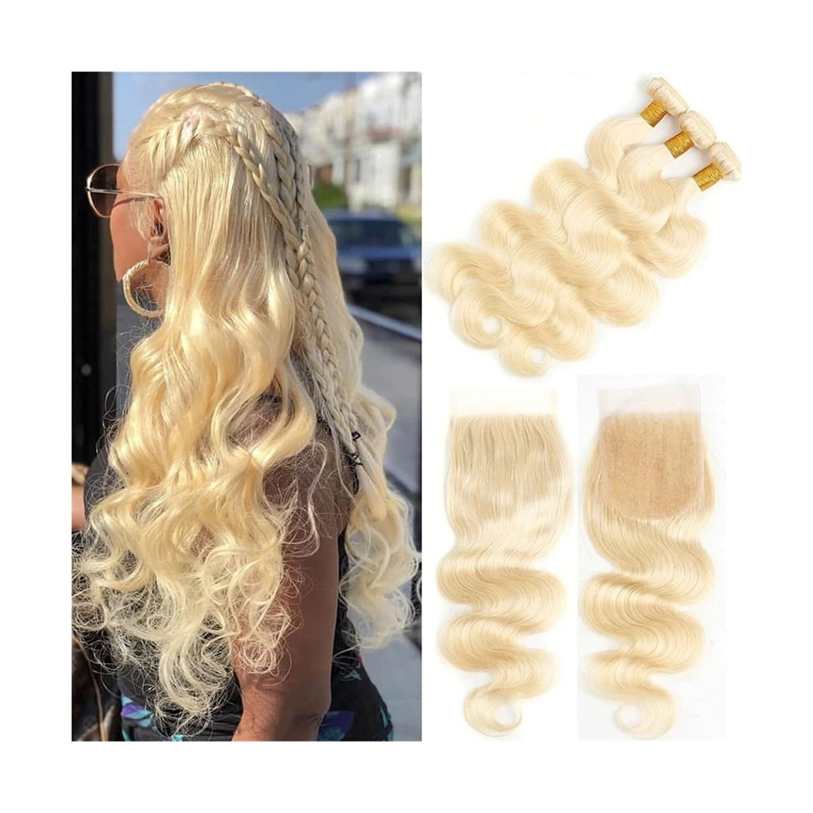 Bundles mit Verschluss 613 Blonde Bundles mit Spitze Frontal Körperwelle Brasilianische Menschliche Haarwebart Welle Lockiges Remy Haar Bundles mit Verschluss for Schwarze Frauen Hair Geflochten(4" x