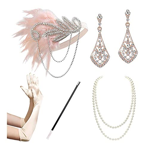 HDKEAN 1920er Jahre Gatsby Tolles Zubehör-Set für Damenkostüm, Perlen, Halskette, Ohrringe, Handschuhe, Flapper, Kopfschmuck, Stirnband, 1920er Jahre Gatsby, tolles Zubehör-Set für Damen,