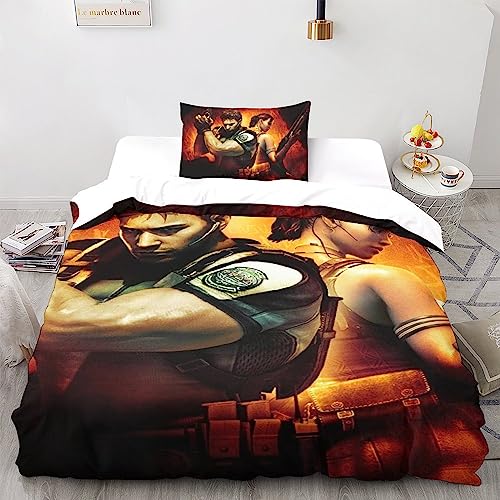 UKALOU Resident Evil 3D-Print Hochwertige Duvet-Cover-Sets Aus Weicher Mikrofaser Spielfiguren 3-teilig Mit Verstecktem Reißverschluss Und Passenden Kissenbezügen Für Erholsamen Schla Single（135x