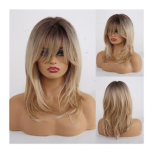 Perücken Synthetische Perücken for Frauen, blonde Ombre-Naturhaarperücken mit Pony, geschichtete Cosplay-Perücken, mittellange hitzebeständige Perücke Damenperücke