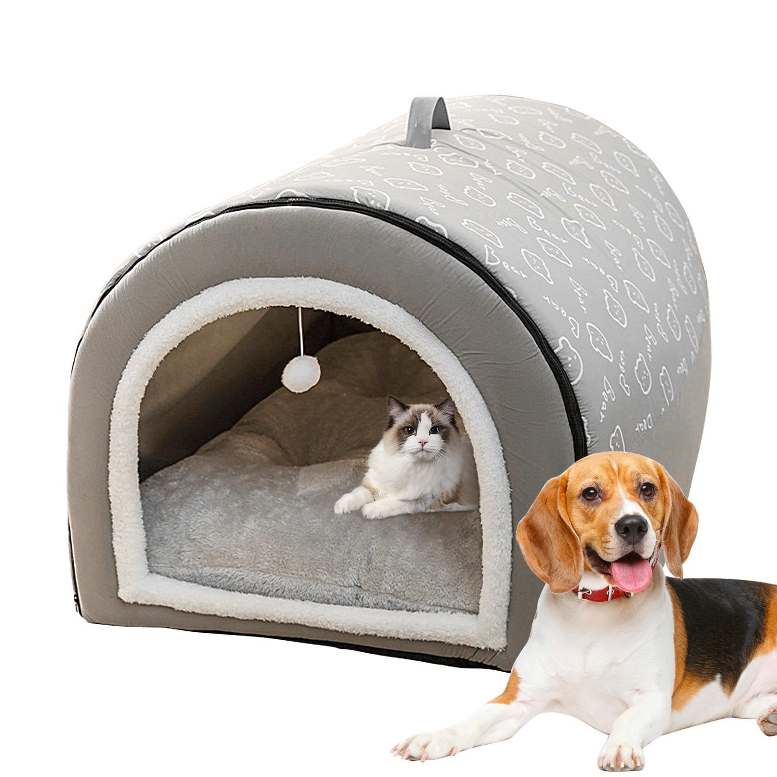 Hundehöhle | 2-in-1 abnehmbares, überdachtes Katzenbett mit Kugelanhänger - Überdachtes Katzennest, waschbarer und bequemer Katzenversteck, gemütliches Hundebett mit Abdeckhöhle für Haustiere, Hauskat