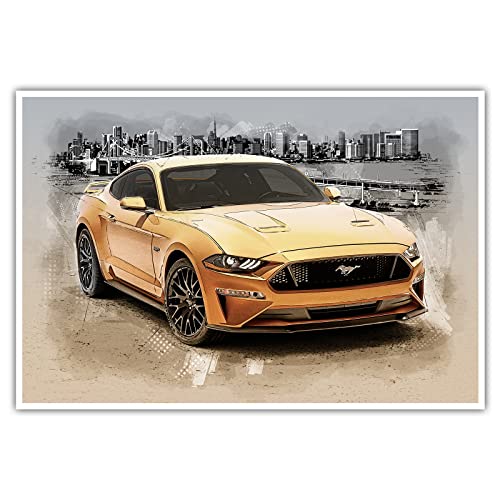 CanvasArts Ford Mustang - Poster - Modern Art Auto Wandbild Wandkunst Gelb (70 x 50 cm, Poster)