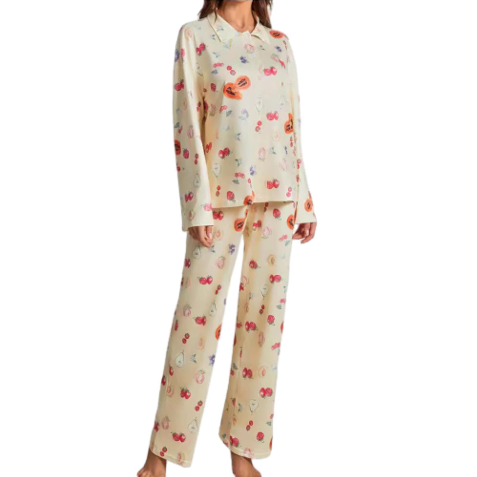 WINDEHAO Frucht-Pyjama, Loungewear-Sets für Damen, Y2k, Nachtwäsche, Knopfleiste, Pyjama-Sets für Damen, Gelb, Größe L