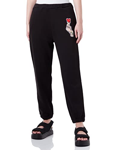 Moschino Damen Elastic Waist And Hems Personalised With Logo Embroidered Patch Casual Pants, Schwarz, 46 EU