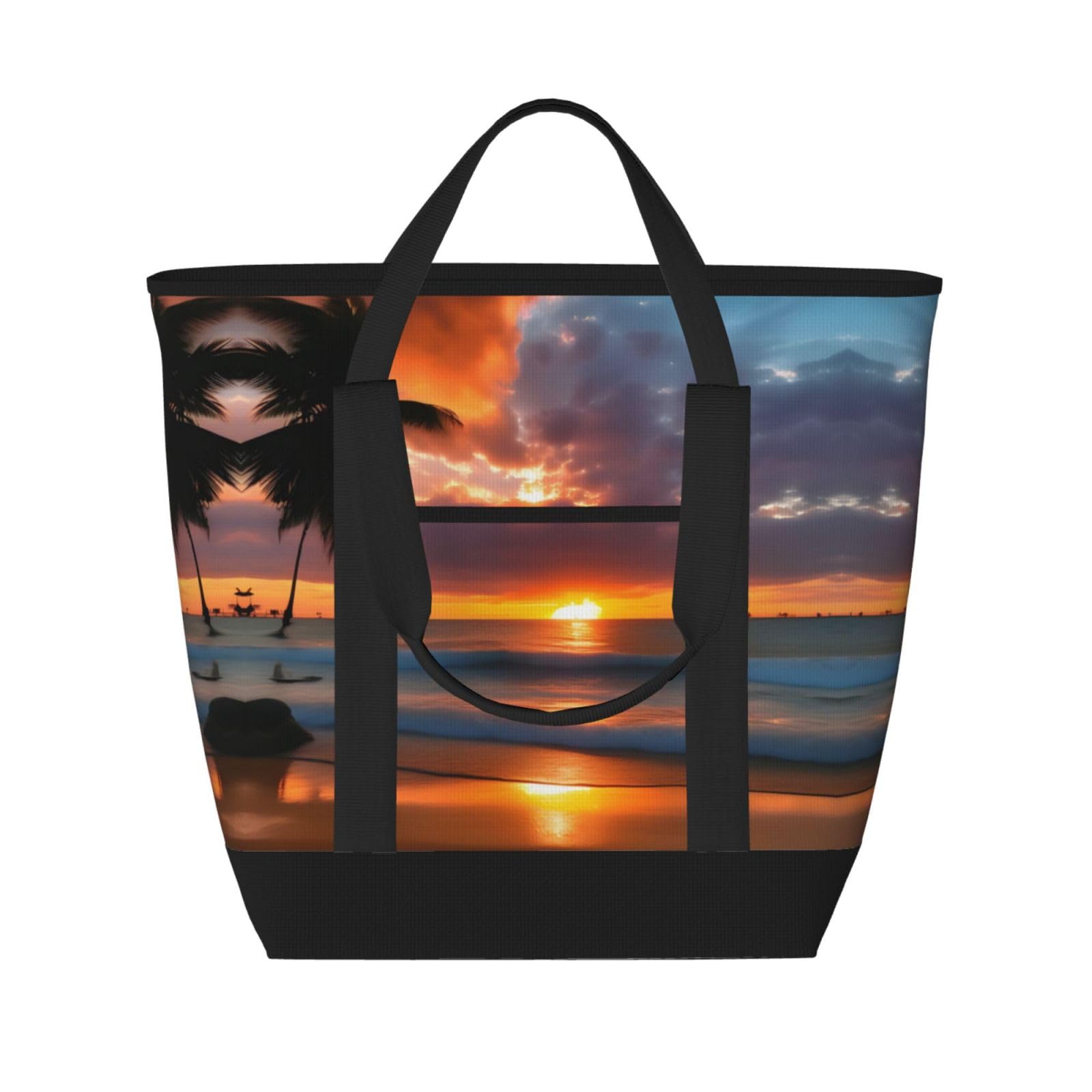 YQxwJL Isolierte Kühltasche mit Sonnenuntergang-Stranddruck, große Kapazität, Einkaufstasche, Reisetasche, Strand, wiederverwendbare Einkaufstasche für Erwachsene, Schwarz, Einheitsgröße