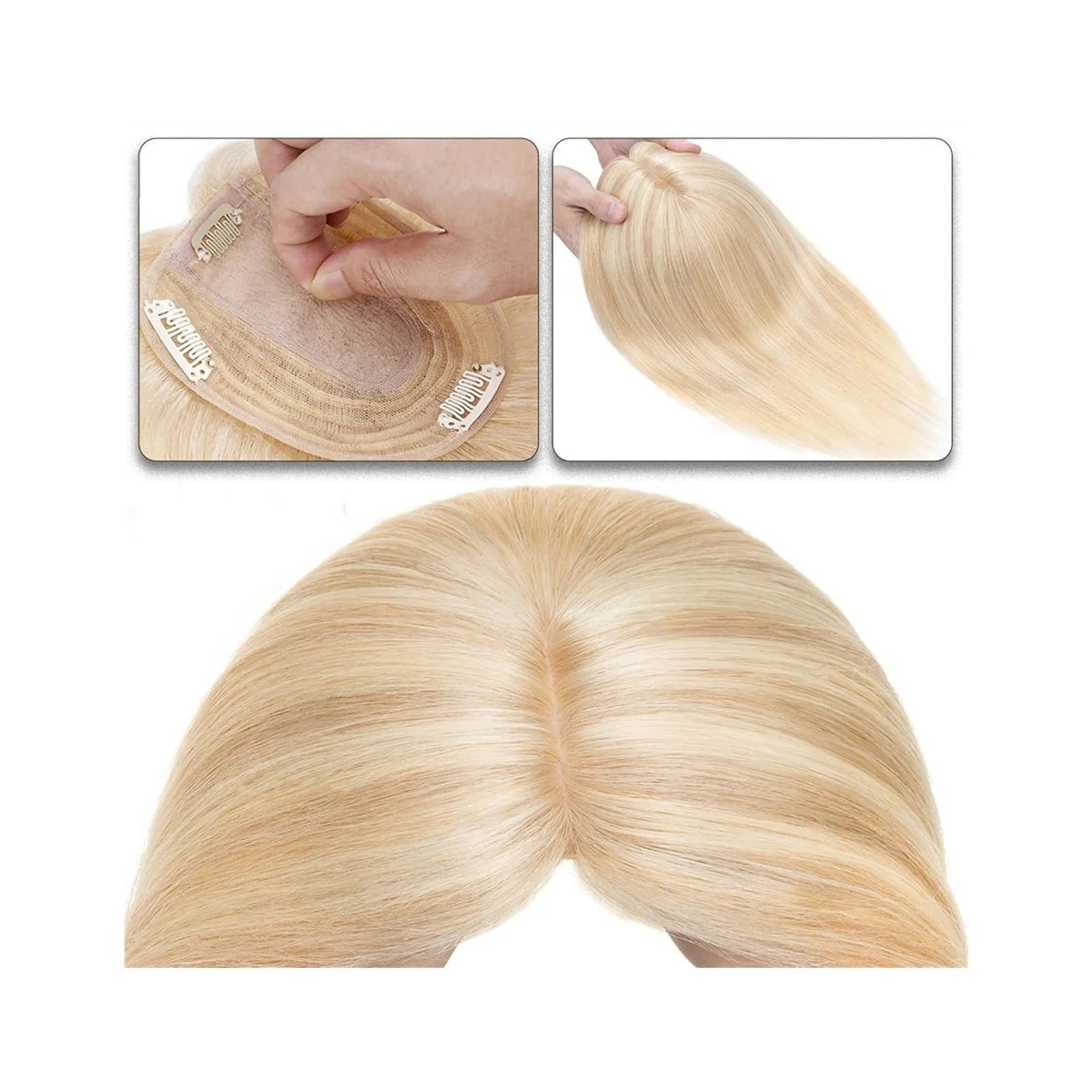 Haartopper für Frauen Haaraufsätze for Frauen, 15,2–45,7 cm, Mittelteil, Echthaaraufsatz, Haarteil, 10 x 12 cm, Seidenbasis mit 4 Clips, glatter Haaraufsatz for dünner werdendes Haar, Haarausfall Haar