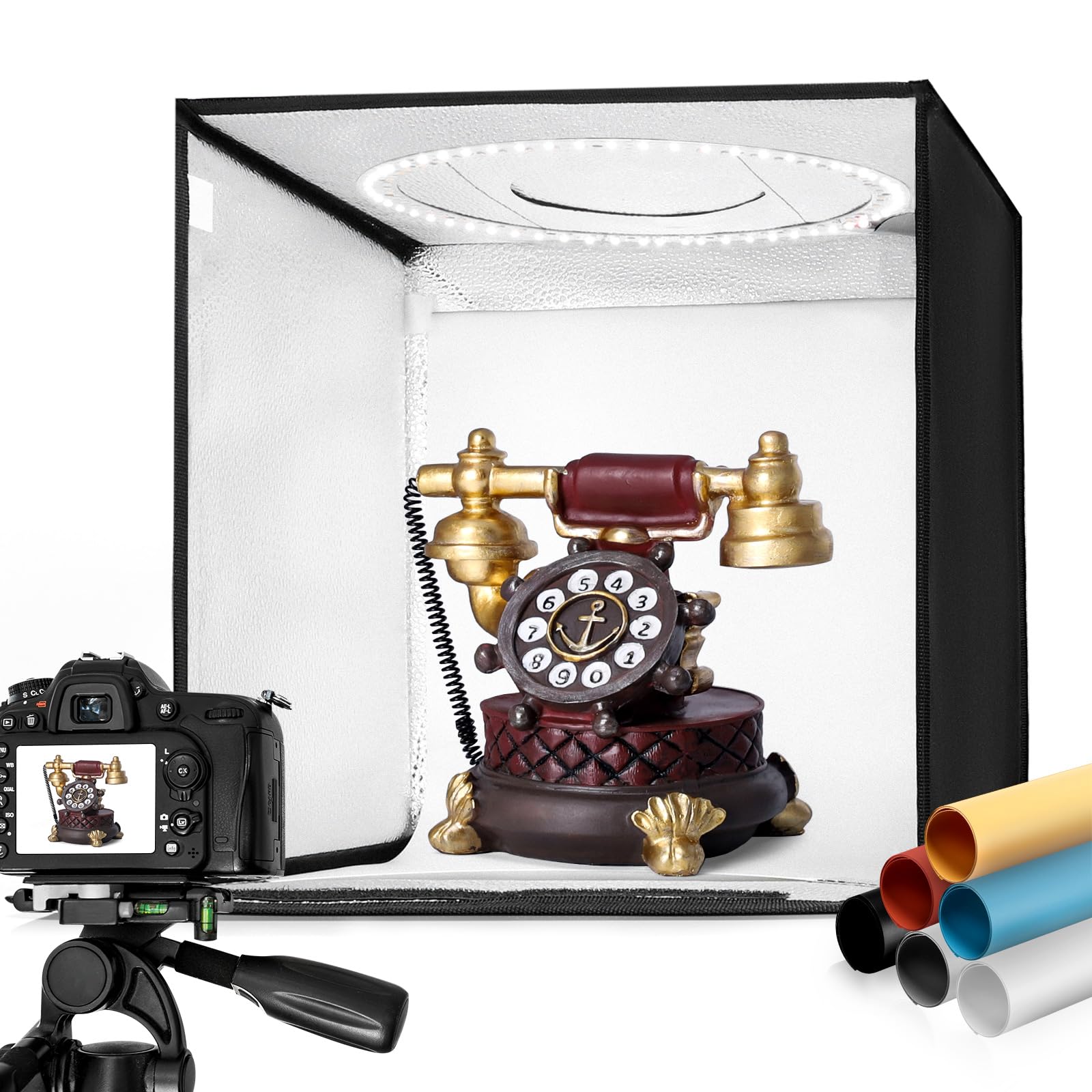 Yorbay Fotostudio Set 32 x 32 x 32cm CRI 95+ LED-Fotobox Lichtbox Lichtwürfel Profi Fotografie Lichtzelt inkl. 6 PVC-Hintergrundfolien (schwarz, rein weiß, grau,orange,rot,blau) Mehrweg