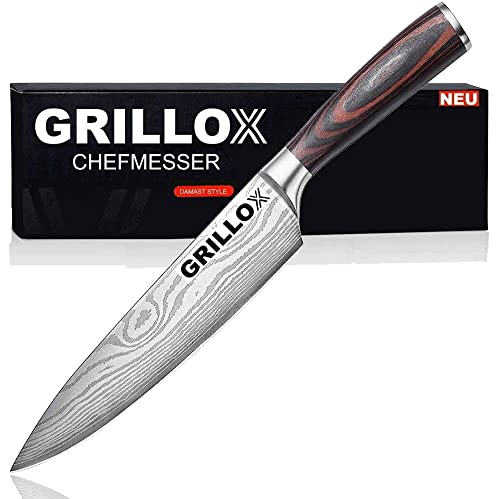 GRILLOX Kochmesser Profi Chefmesser 20cm Küchenmesser Allzweckmesser Fleischmesser Edelstahl Scharf Pakka Holz im Damast Look