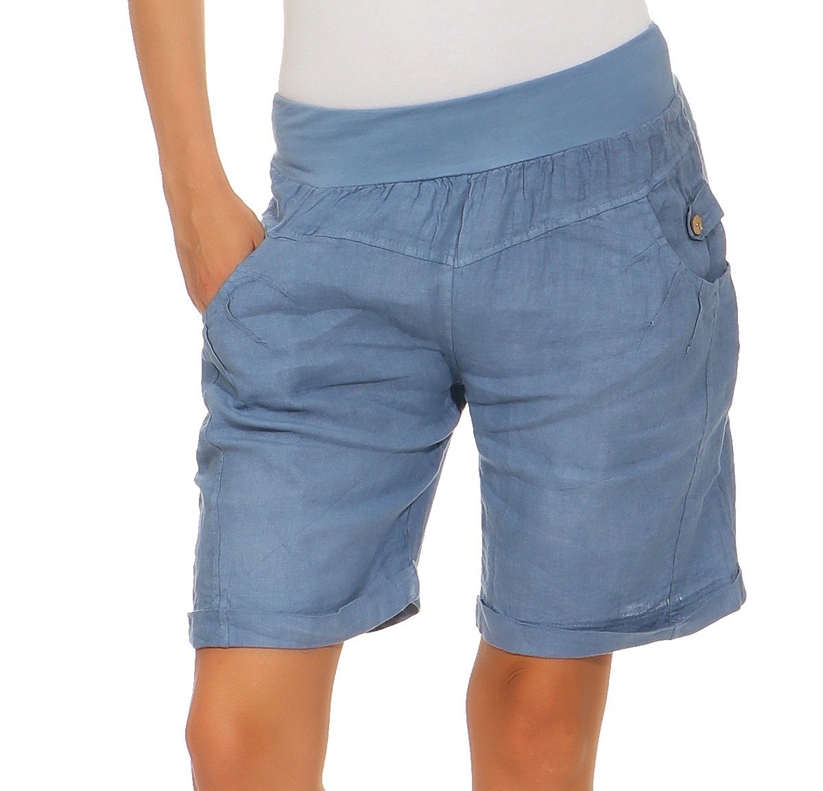 Mississhop 276 Damen Leinenshorts Bermuda lockere Kurze Hose Freizeithose 100% Leinen Shorts Elegante Haremshose mit Knöpfen Sommer Strand Jeansblau XL