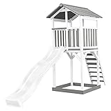 AXI Beach Tower Spielturm aus Holz in Weiß & Grau | Spielhaus für Kinder mit weißer Rutsche und Sandkasten | Stelzenhaus für den Garten