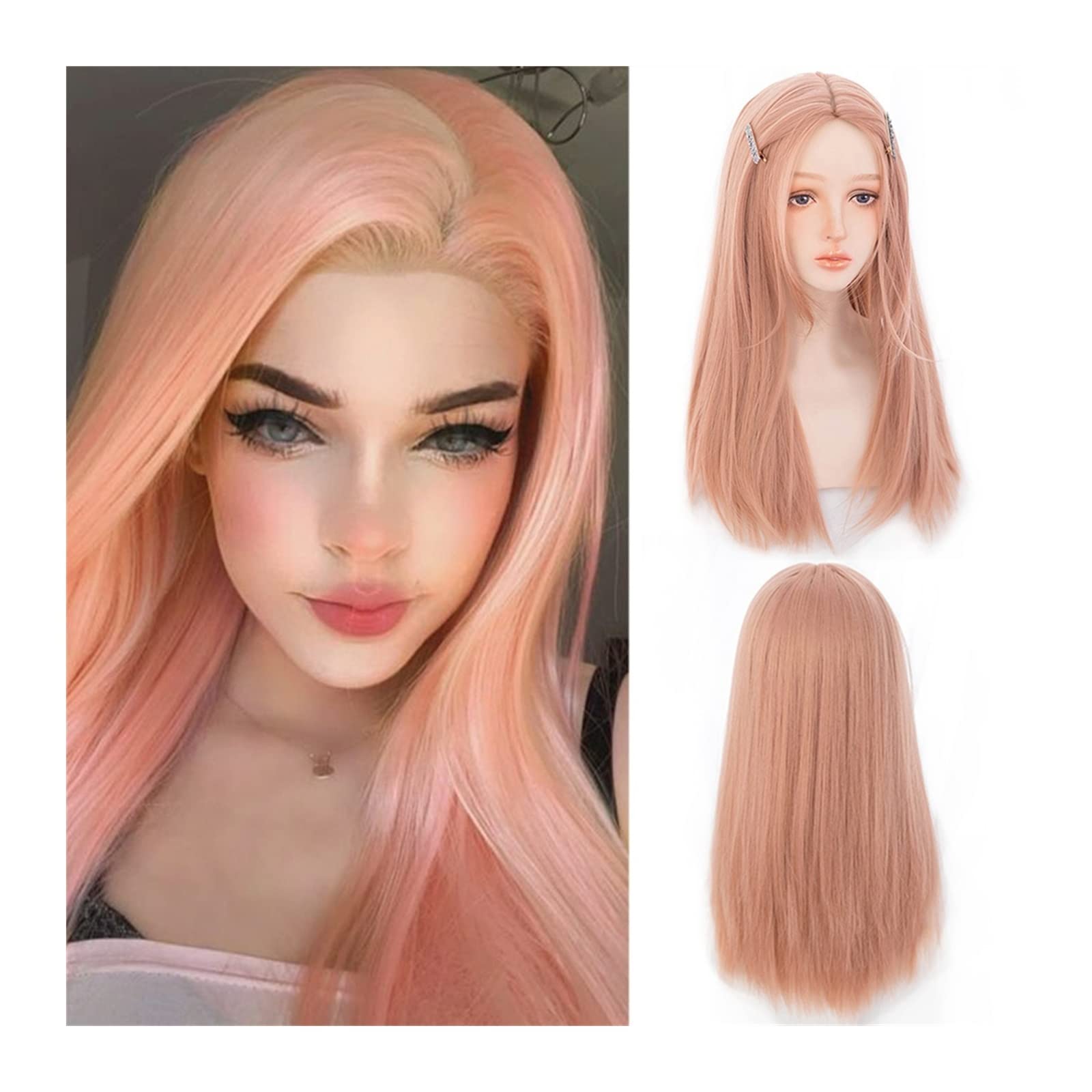 Perücke für Frauen Orange Pink Perücken for Mädchen Frauen lange gerade Perücke Mittelscheitel Perücken natürlich aussehende hitzebeständige synthetische Perücke for tägliche Party Cosplay Human Hair