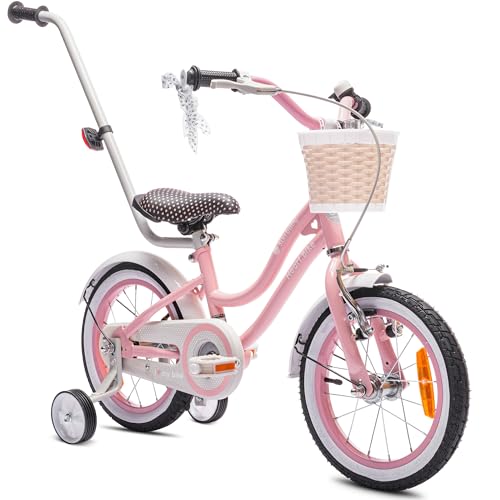 Heart Bike Mädchenfahrrad, 12/14/16 Zoll Radgröße zur Auswahl, mit Abnehmbarer Schubstange, Kinderfahrrad für Mädchen von 2 bis 6 Jahre (14 Zoll, Rosa)