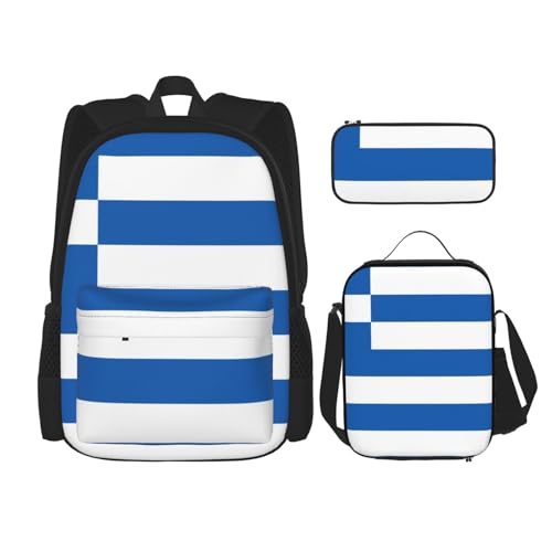 WURTON Schulter-Rucksack mit griechischer Flagge, 3-in-1-Büchertaschen-Set, Lunchbox, Federmäppchen, Reise-Laptop-Tagesrucksäcke, Schwarz, Einheitsgröße, Schwarz, Einheitsgröße, Schwarz ,