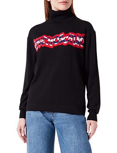 Love Moschino Women's Long-Sleeved Turtleneck with Striped Logo Pullover Sweater, Black, 48