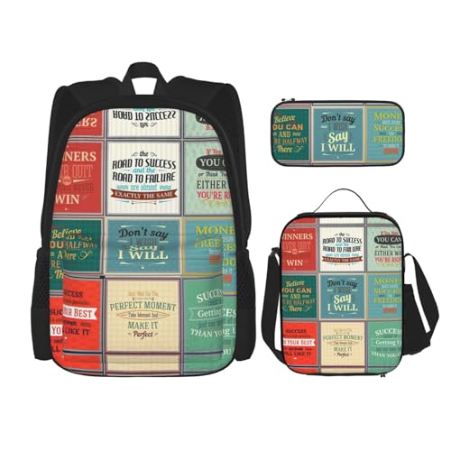 WURTON Rucksack mit Sprüchen, für Mädchen, Jungen, Schultaschen, Teenager, Lunchbox und Federmäppchen, 3-in-1-Büchertaschen-Set