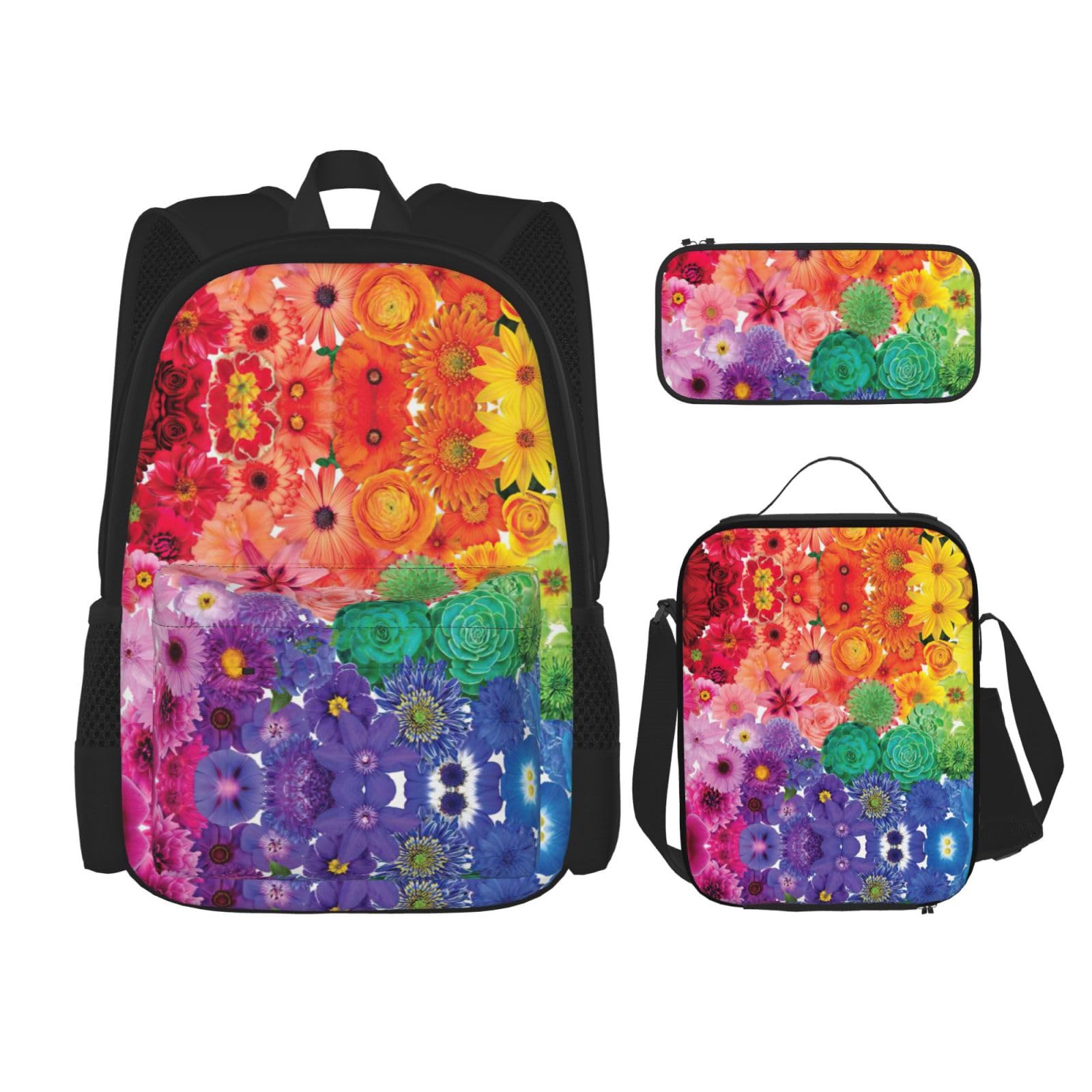 WURTON Rucksack mit Regenbogen-Blumen-Druck, für Mädchen, Jungen, Schultaschen, Teenager, Lunchbox und Federmäppchen, 3-in-1-Büchertaschen-Set