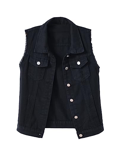 Idopy Damen Casual Denim Weste Slim Fit Ausgefranste ärmellose Jacke Ripped Tops Denim Weste mit Taschen, Schwarz , 42