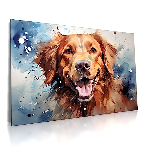 Golden Retriever - Leinwand Bild - Wasserfarben Aquarell Hund Wandbild XXL Kunst Wand Druck Bilder Modern Art Wohnzimmer (80 x 60 cm, Leinwand, Golden Retriever)