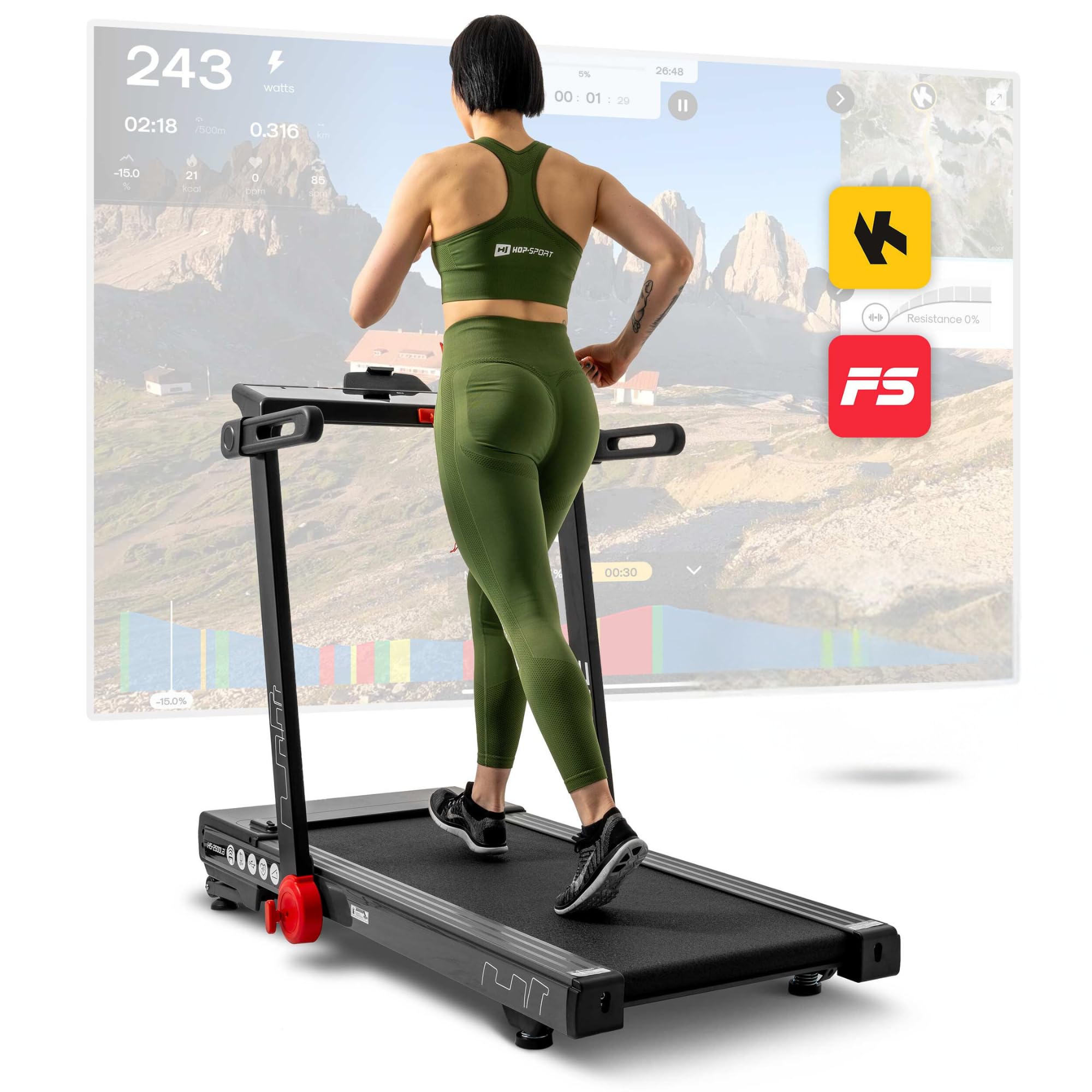 Hop-Sport Laufband für Zuhause Aspire HS-2500LB - 3 PS Motor, Lauffläche 50x125 cm, max. Geschwindigkeit bis 18 km/h, USB- und Bluetooth, lesbares Display, max. Belastung bis 150 kg, Steigung bis 15°