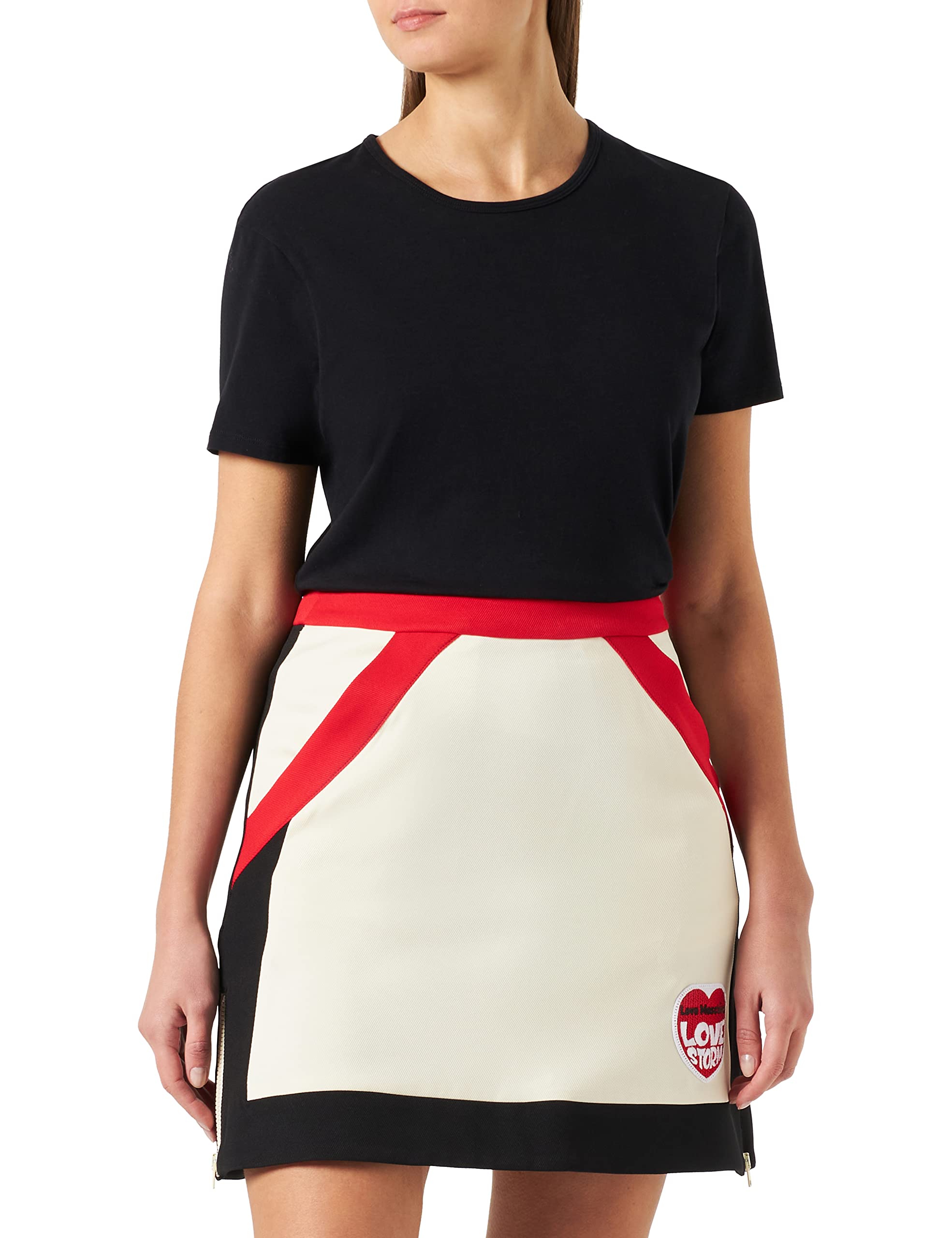 Love Moschino Women's Stretch Twill with Love Storm Knit Effect Heart Patch Skirt, Black BEIGE RED, 46