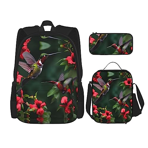 WURTON Kolibris rote Blumen Hibiskus Druck Reise Lunchbox Federmäppchen Rucksack Set 3 Stück verstellbare Träger leicht